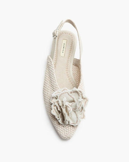 Beige Woven Slingback Flats with Floral Accent