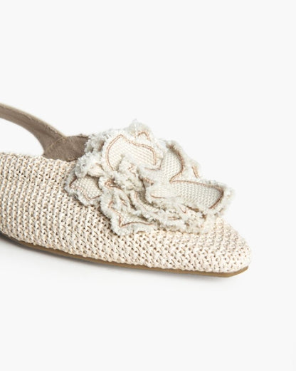 Beige Woven Slingback Flats with Floral Accent