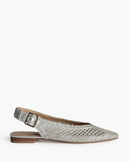 Silver Textured Slingback Flats with Buckle Strap