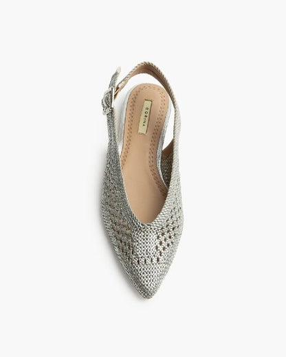 Silver Textured Slingback Flats with Buckle Strap