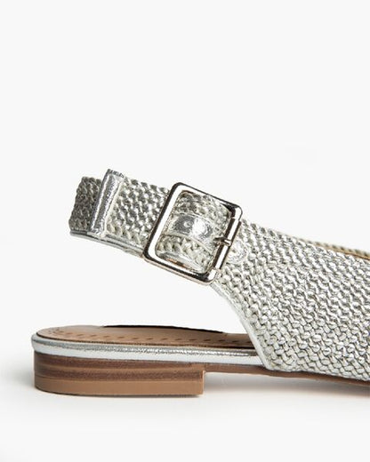 Silver Textured Slingback Flats with Buckle Strap