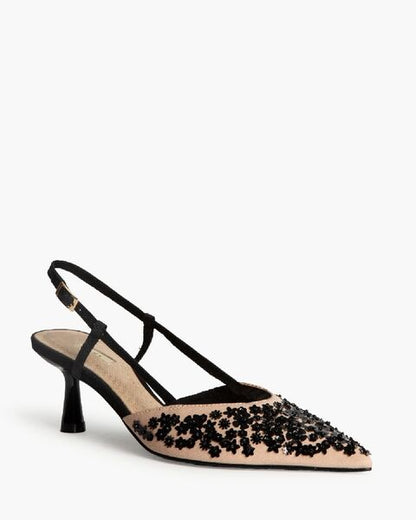 Black Embellished Slingback Heels with Pointed Toe