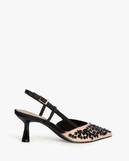 Black Embellished Slingback Heels with Pointed Toe