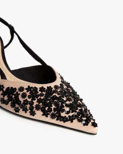 Black Embellished Slingback Heels with Pointed Toe