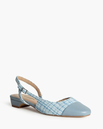 Blue Tweed Slingback Flats with Low Heel