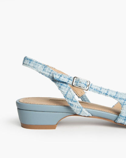 Blue Tweed Slingback Flats with Low Heel