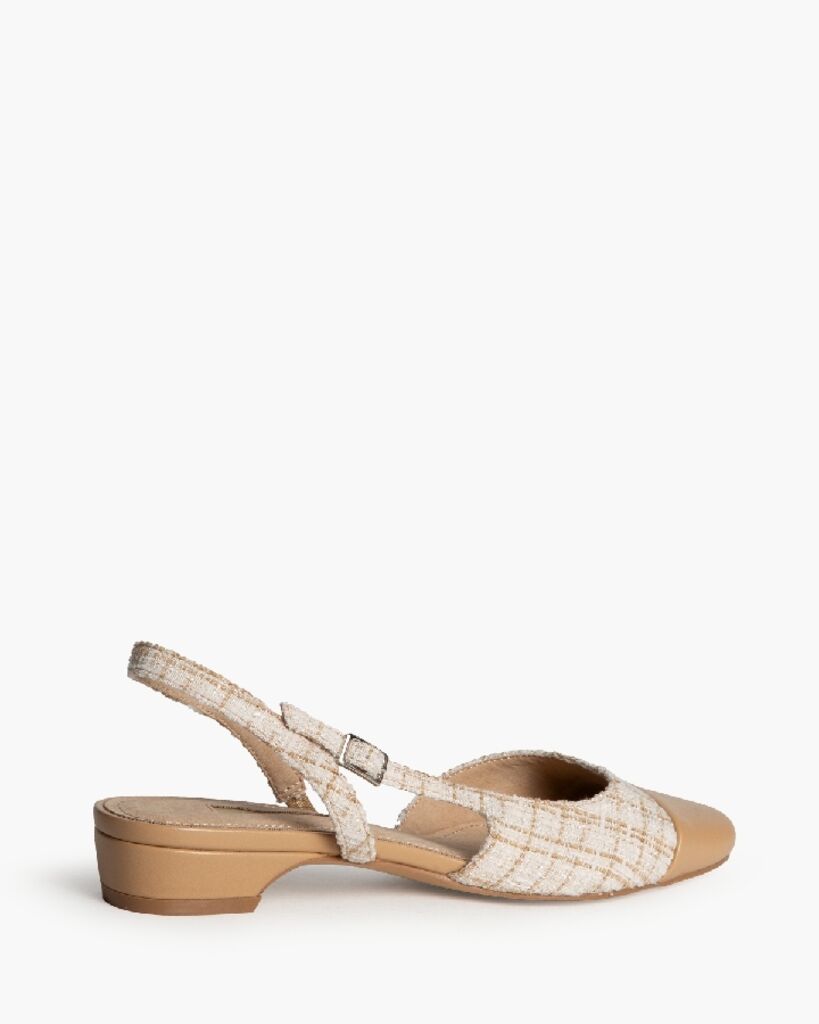 Beige Tweed Slingback Flats with Cap Toe