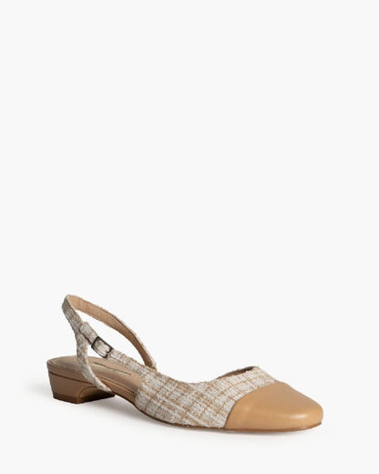 Beige Tweed Slingback Flats with Cap Toe