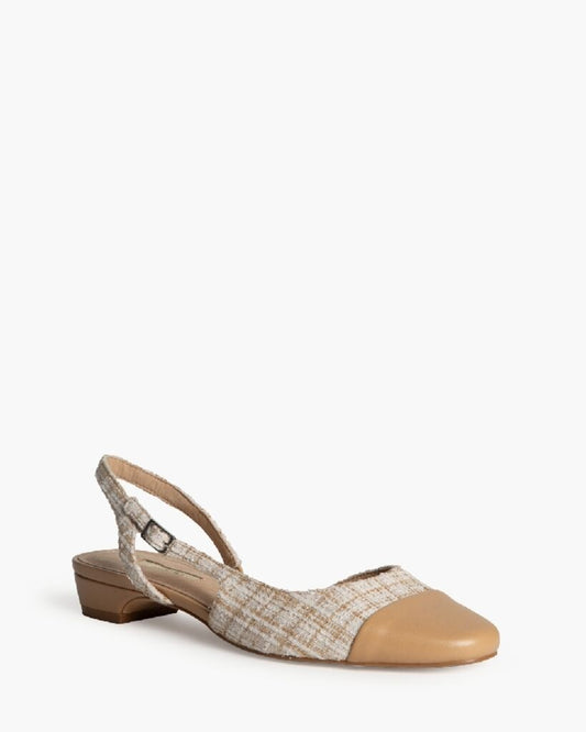 Beige Tweed Slingback Flats with Cap Toe