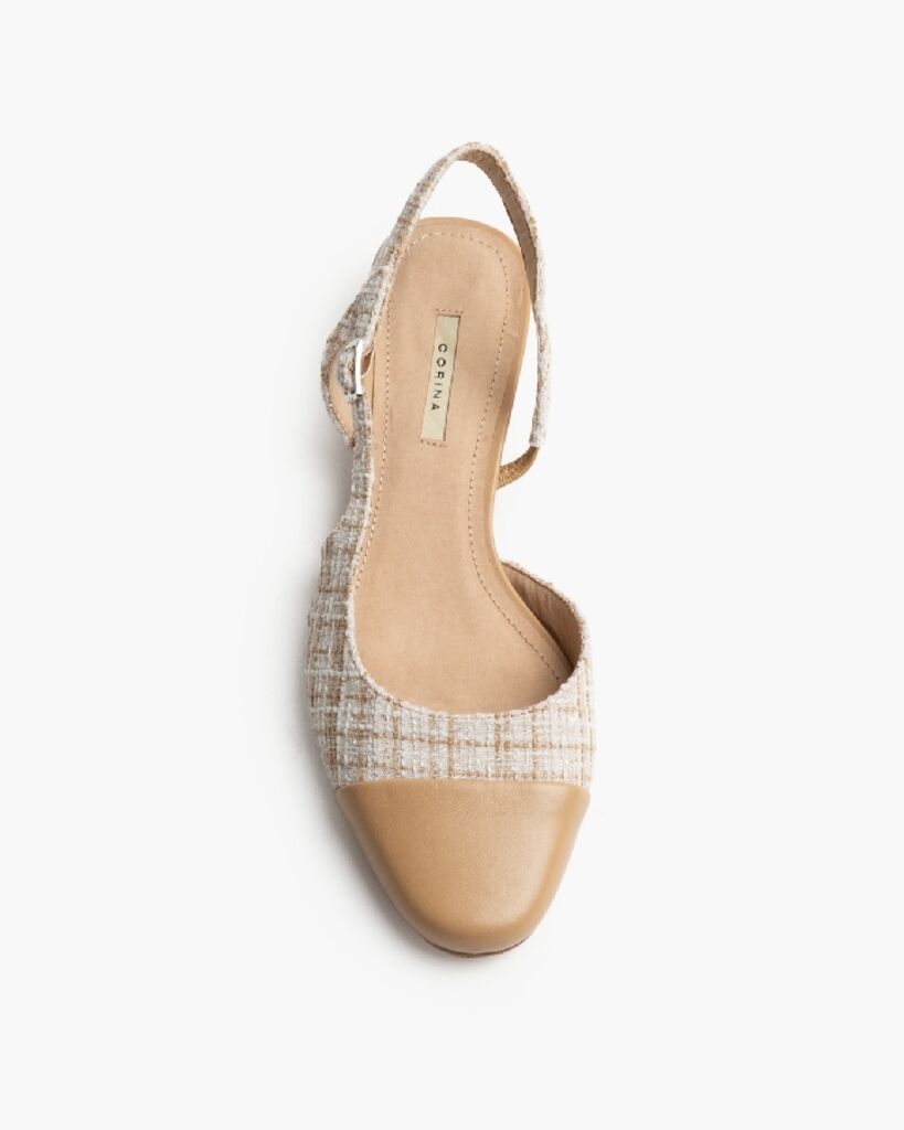 Beige Tweed Slingback Flats with Cap Toe