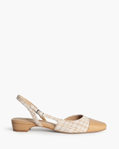 Beige Tweed Slingback Flats with Cap Toe