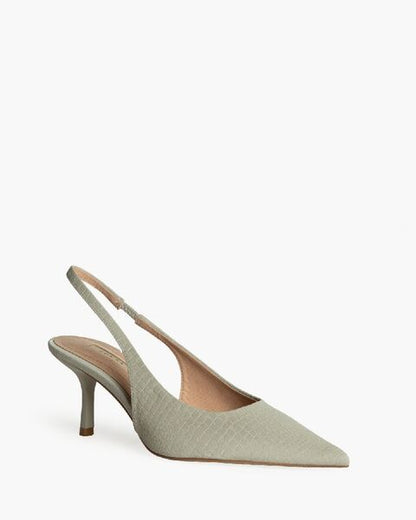 Soft Green Textured Slingback Heels with Pointed Toe