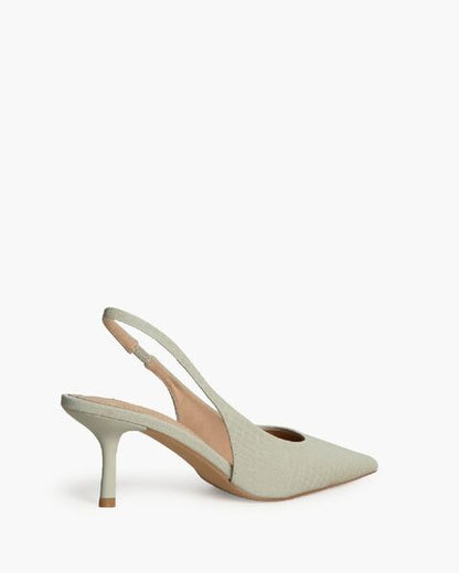 Soft Green Textured Slingback Heels with Pointed Toe