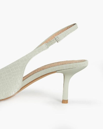 Soft Green Textured Slingback Heels with Pointed Toe