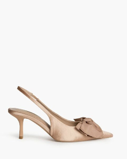 Beige Satin Slingback Heels with Bow Detail