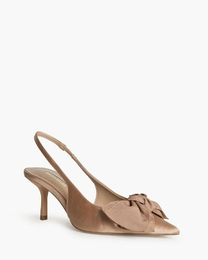 Beige Satin Slingback Heels with Bow Detail