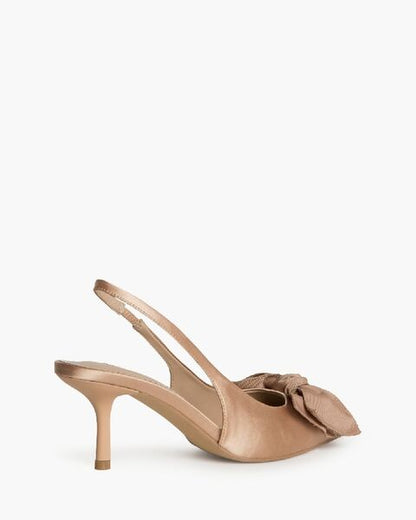 Beige Satin Slingback Heels with Bow Detail