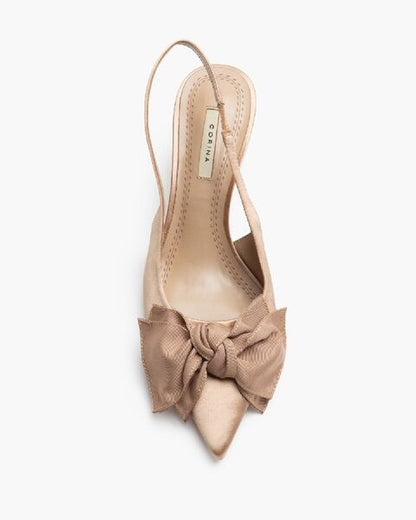 Beige Satin Slingback Heels with Bow Detail