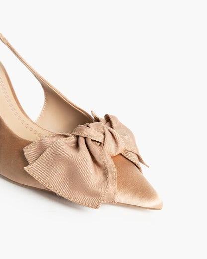 Beige Satin Slingback Heels with Bow Detail
