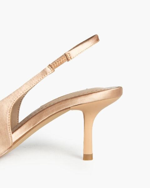 Beige Satin Slingback Heels with Bow Detail