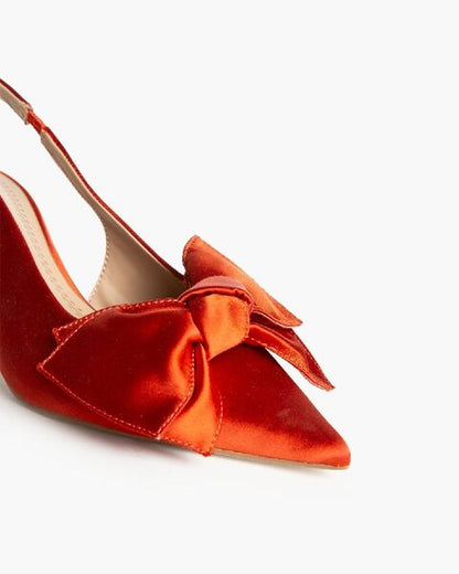 Orange Satin Slingback Heels with Bow Accent