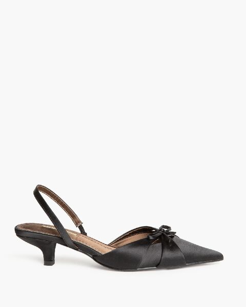 Black Satin Kitten Heel Slingback with Bow