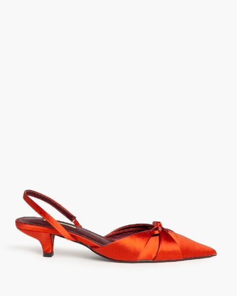 Fiery Satin Kitten Heel Slingback with Knot Detail