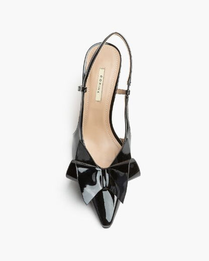 Black Patent Slingback Pumps with Bow Detail