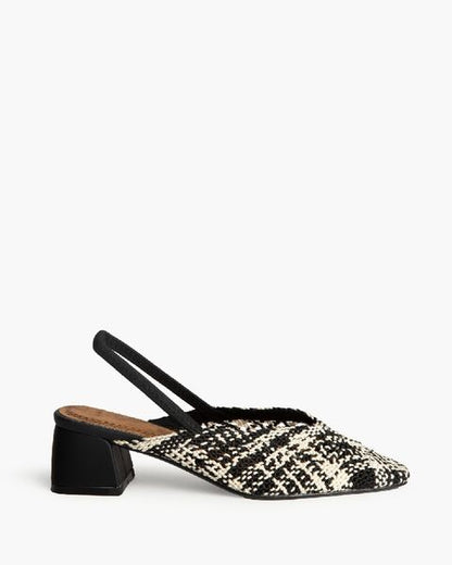 Black and White Textured Slingback Block Heel