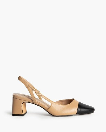 Beige and Black Block Heel Slingback Shoe
