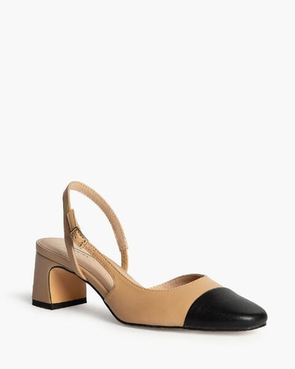 Beige and Black Block Heel Slingback Shoe