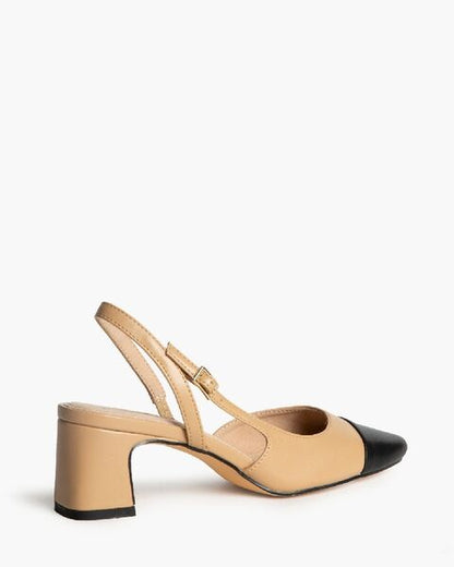 Beige and Black Block Heel Slingback Shoe