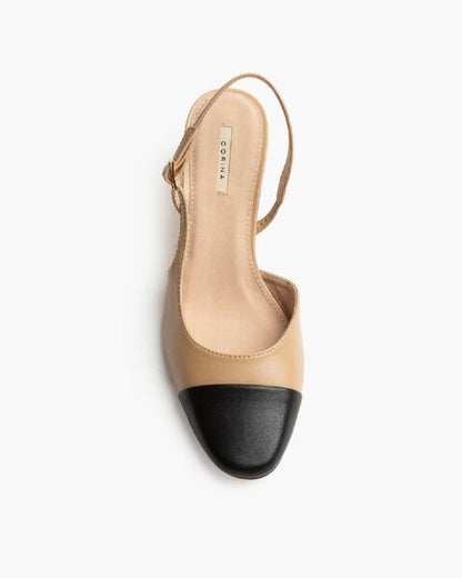 Beige and Black Block Heel Slingback Shoe