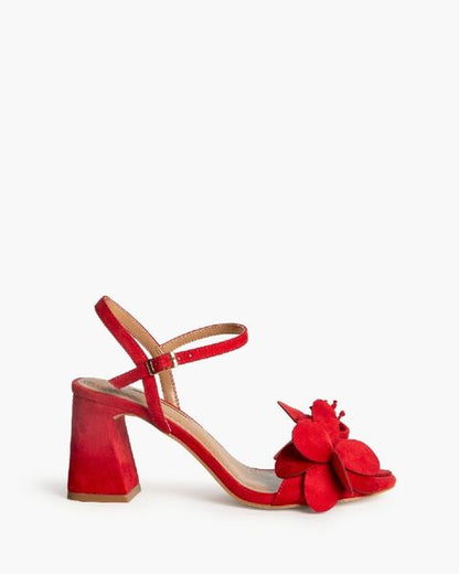 Red Suede Block Heel Sandal with Floral Accent