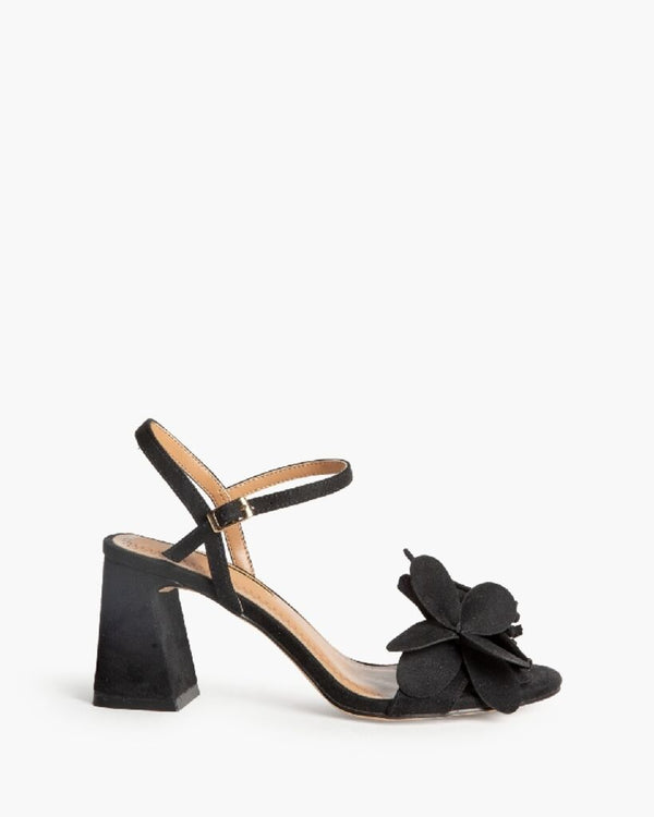 Black Suede Sandal with Floral Accent