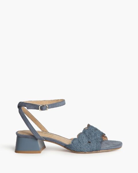 Blue Embroidered Ankle Strap Sandals with Block Heel