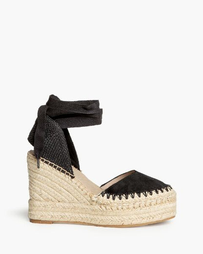 Black Canvas Wedge Espadrille with Ankle Tie