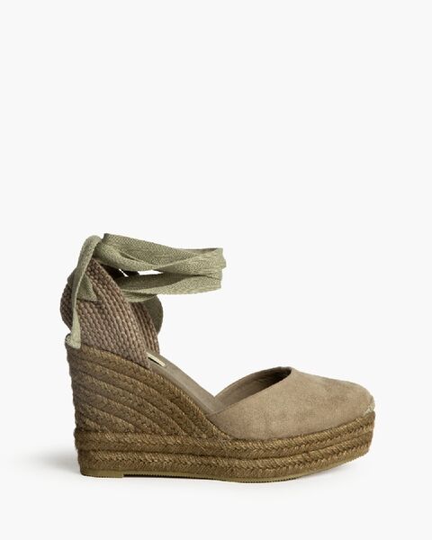 Beige Suede Espadrille Wedge with Ankle Tie