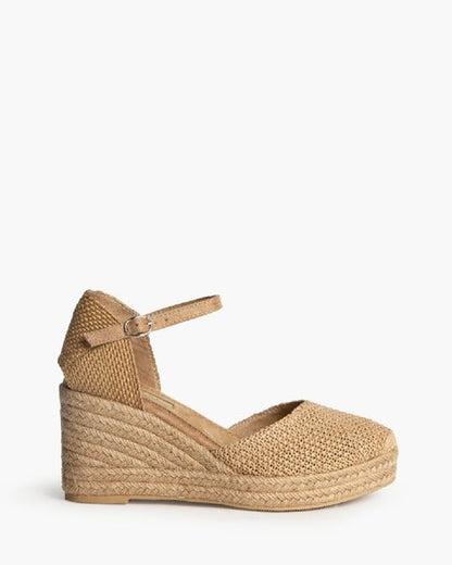 Beige Woven Espadrille Wedge Sandals with Ankle Strap