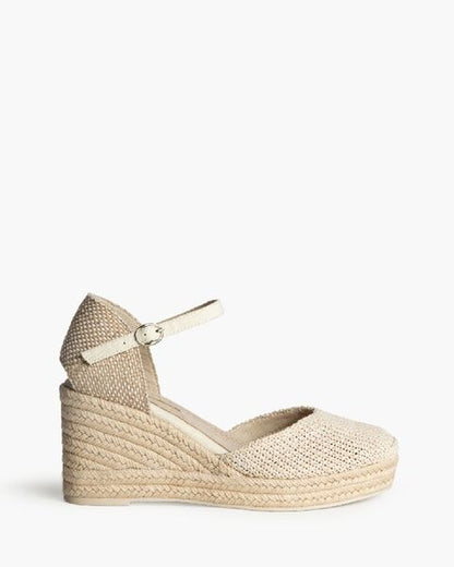 Beige Woven Wedge Sandals with Ankle Strap