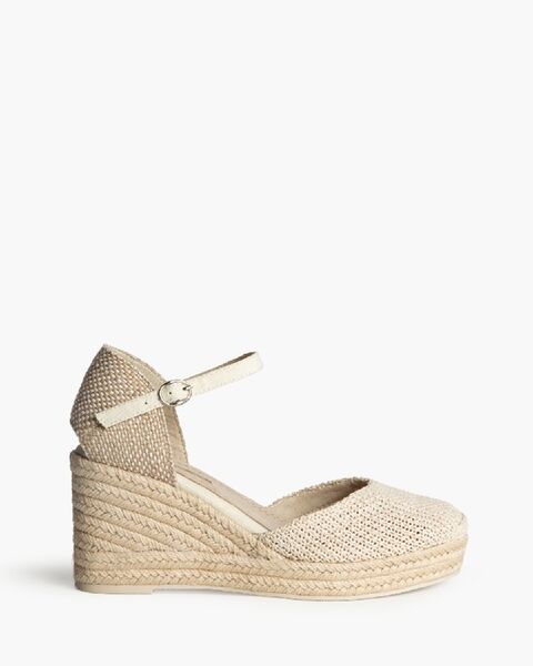 Beige Woven Wedge Sandals with Ankle Strap