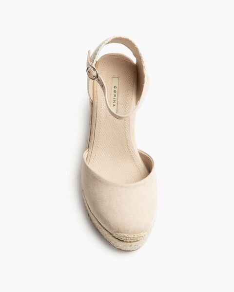 Beige Canvas Wedge Sandals with Ankle Strap