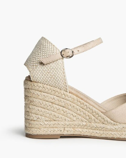 Beige Canvas Wedge Sandals with Ankle Strap