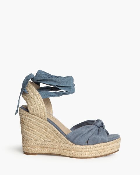 Blue Fabric Wedge Sandals with Wraparound Tie