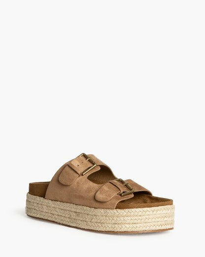 Tan Espadrille Platform Sandals with Buckle Detail