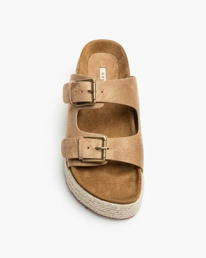 Tan Espadrille Platform Sandals with Buckle Detail