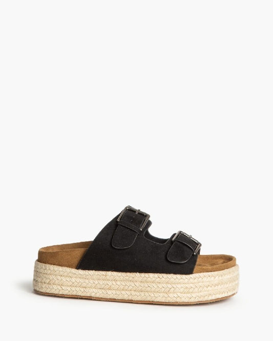 Black Suede Platform Sandals with Buckle Detail