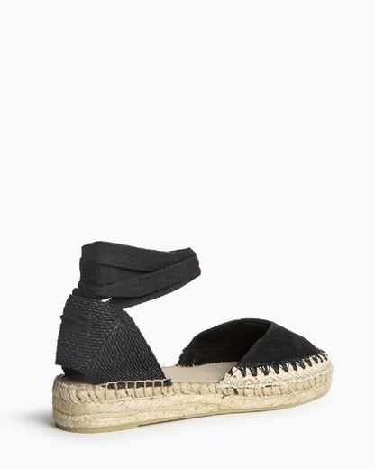 Black Fabric Espadrille Sandals with Ankle Tie