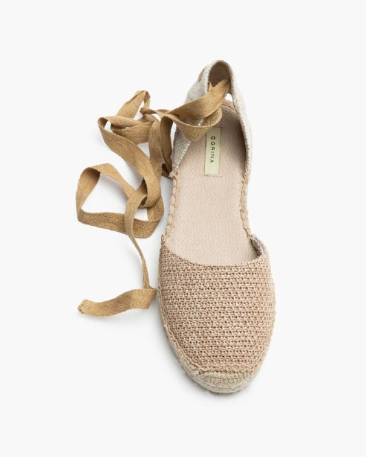 Beige Woven Espadrille with Ankle Tie