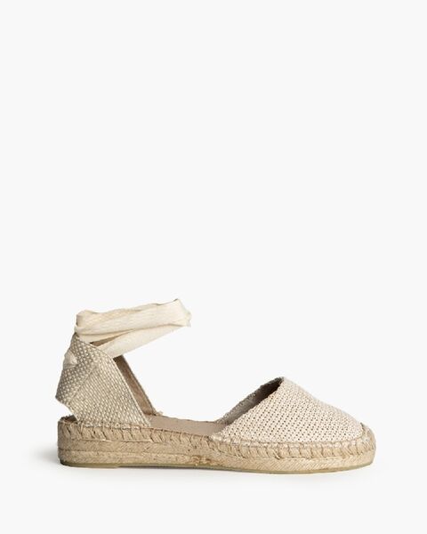 Beige Woven Espadrille Sandals with Ankle Wrap